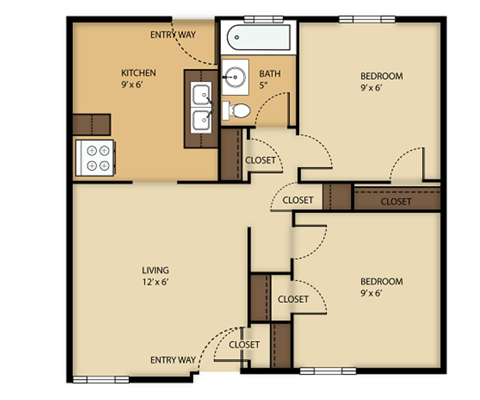 A floor plan of a house with a kitchen, living room, and two bedrooms.